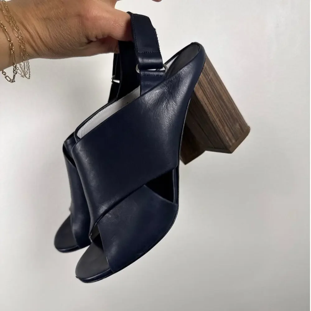 Vince Leather Crisscross Slingback Block Heel Leather Sandals Navy Size 7.5M